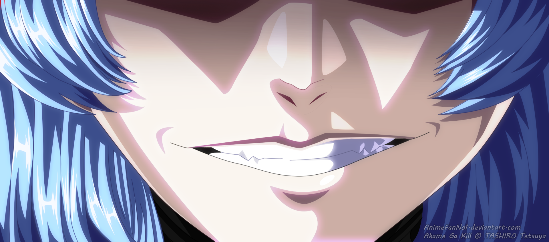 Close-up of Esdeath from Akame ga Kill! anime, featuring her confident smirk in a high-definition PC desktop wallpaper background.