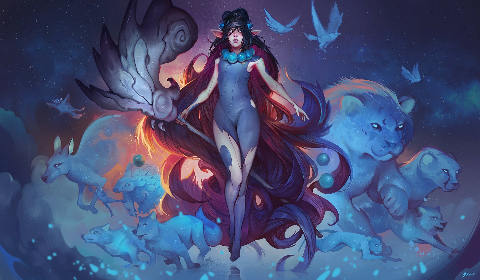 Fantasy elf with flowing hair stands surrounded by glowing blue kangaroos and mystical creatures, set against a dark, vibrant backdrop in this HD PC desktop wallpaper.