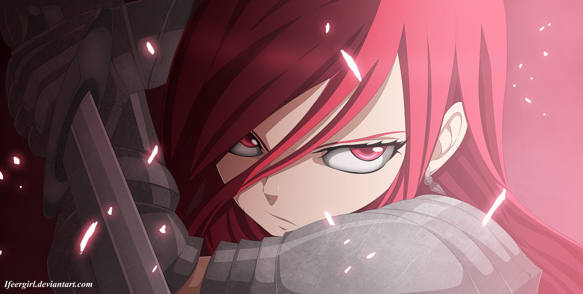 HD PC desktop wallpaper featuring Erza Scarlet from the anime Fairy Tail, showcasing her intense gaze and red hair with dynamic lighting effects.