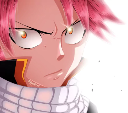 Close-up HD anime wallpaper of Natsu Dragneel from Fairy Tail, featuring intense eyes and vibrant pink hair against a bright background.
