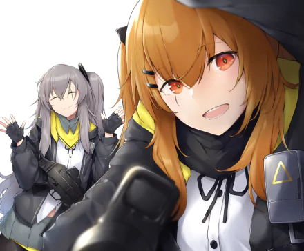 HD PC desktop wallpaper featuring UMP9 and UMP45 from the video game Girls Frontline, showcasing their distinct outfits and dynamic poses.