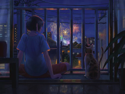 Anime-style wallpaper featuring a person and a cat watching fireworks through a window at night. The scene captures a peaceful moment with vibrant, colorful fireworks in the background.