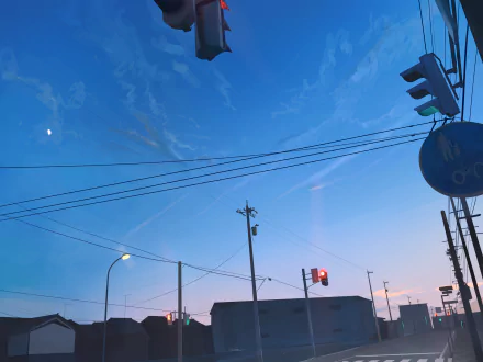 Original Anime city 4K Ultra HD PC desktop wallpaper: twilight street scene with traffic light and street lights under a crescent moon.