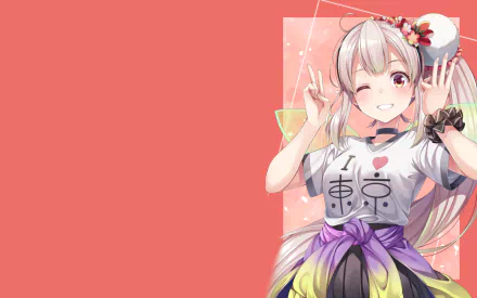 HD PC desktop wallpaper/background of a Nijisanji anime Virtual YouTuber: silver-haired girl winking and flashing peace signs, flower hair accessory, graphic tee and colorful skirt on a coral backdrop.