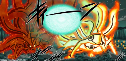 HD PC desktop wallpaper featuring Naruto Uzumaki, Minato Namikaze, and Kurama in an intense battle scene from the anime Naruto.