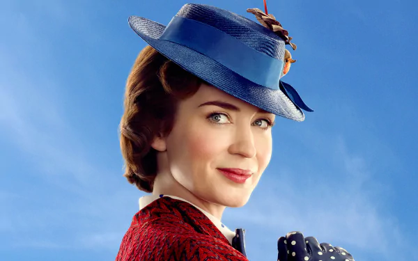 HD desktop wallpaper featuring Emily Blunt as Mary Poppins from the movie Mary Poppins Returns, against a clear blue sky background.