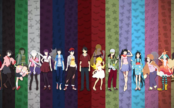Minimalist 4K Ultra HD anime wallpaper featuring characters from the Monogatari Series, each standing against vertical color-striped backgrounds.