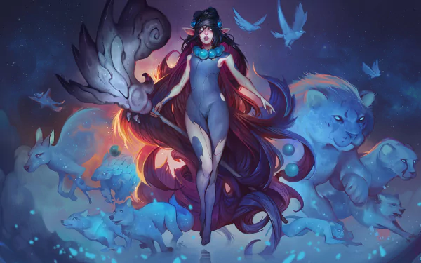 Fantasy elf with flowing hair stands surrounded by glowing blue kangaroos and mystical creatures, set against a dark, vibrant backdrop in this HD PC desktop wallpaper.