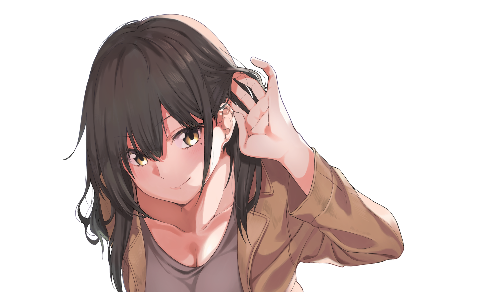 HD anime-style original artwork featuring a girl with dark hair and a brown jacket, captured in a close-up pose, designed as a PC desktop wallpaper background.