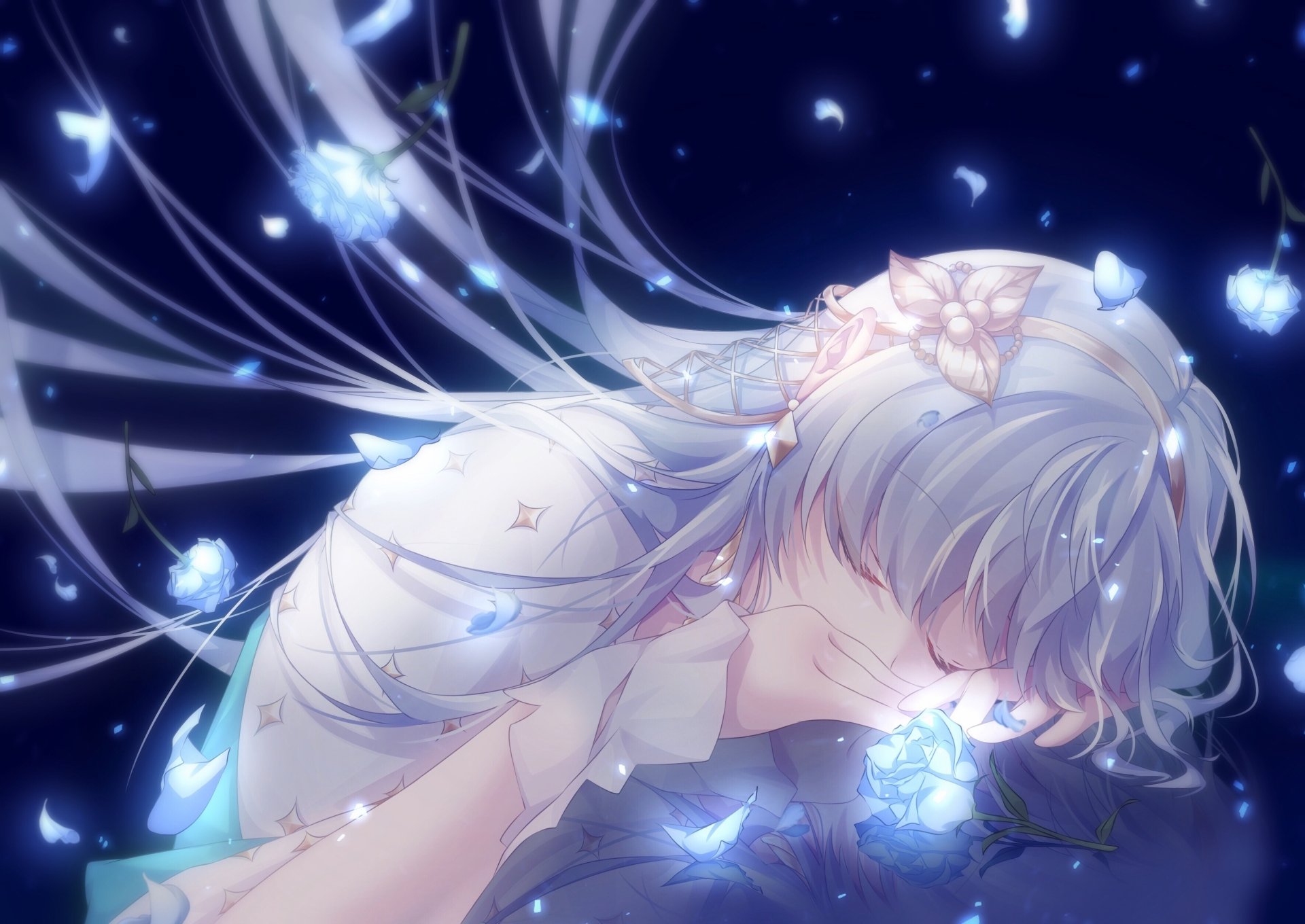 HD PC desktop wallpaper featuring Anastasia from Fate/Grand Order in an anime style, surrounded by glowing butterflies against a starry night background.