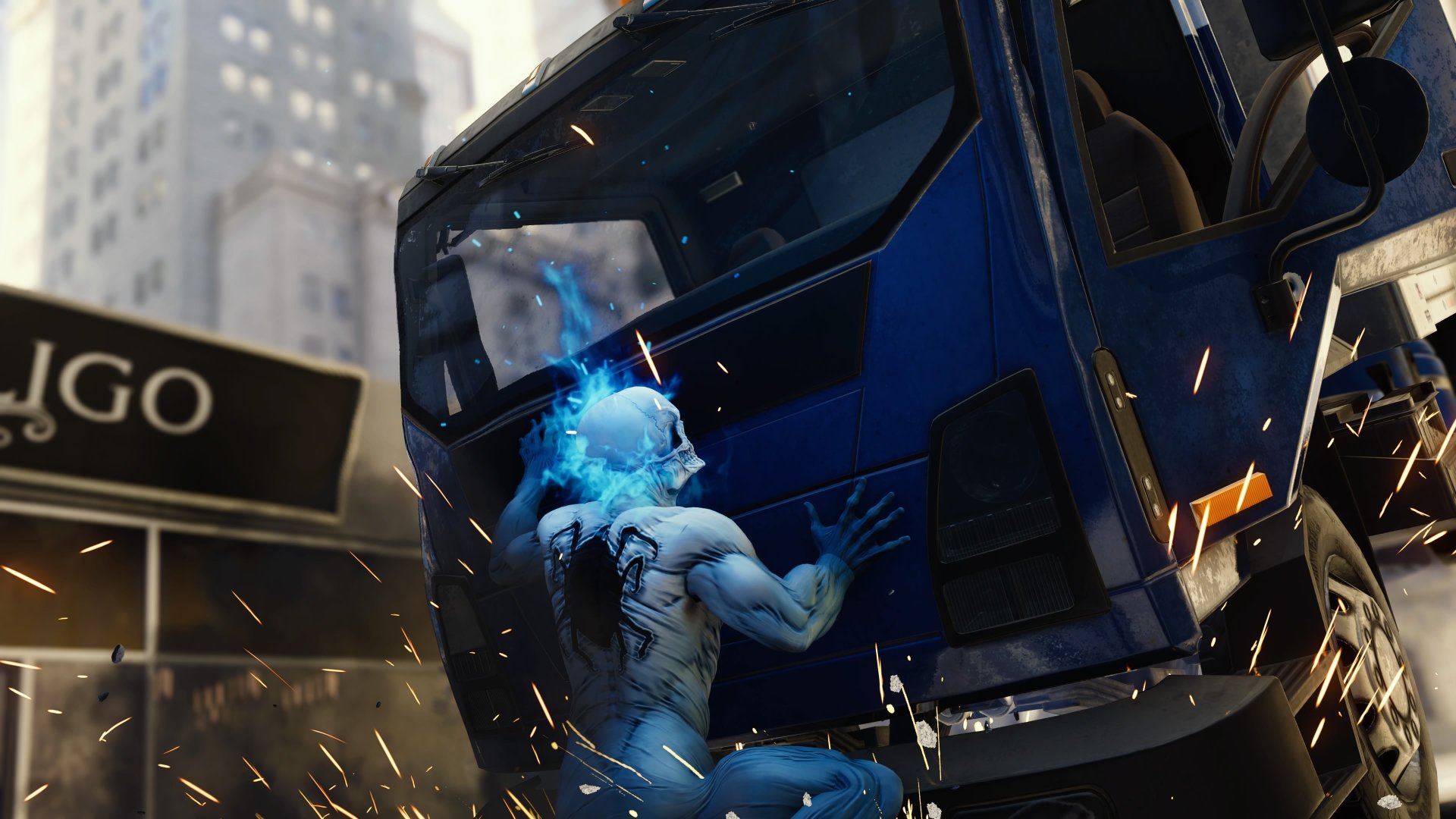 4K Ultra HD PC desktop wallpaper featuring Spider-Man (PS4) in action, showcasing a dramatic scene with Spider-Man using his powers on a blue vehicle in an urban setting.