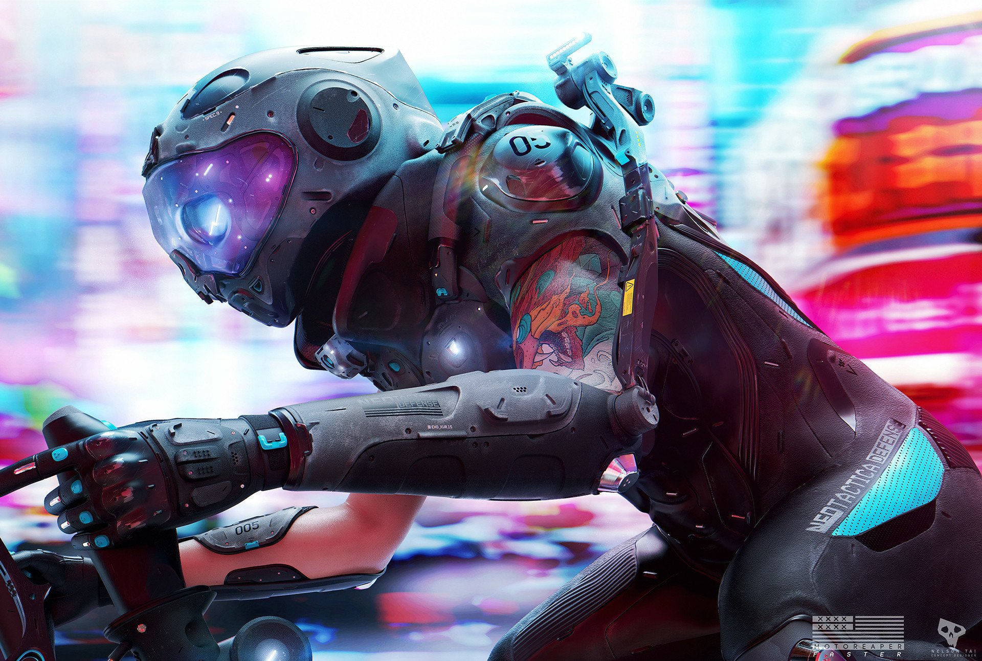 Futuristic cyberpunk robot in sleek armor rides a bike through vibrant neon-lit city streets, captured in high-definition sci-fi PC desktop wallpaper style.