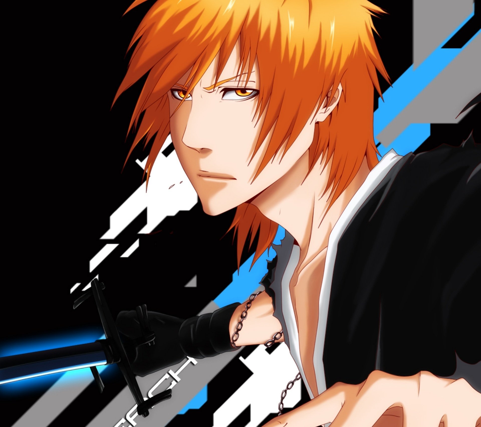 HD PC desktop wallpaper featuring Ichigo Kurosaki from the anime Bleach, showcasing his intense gaze and signature orange hair against a dynamic black and blue background.