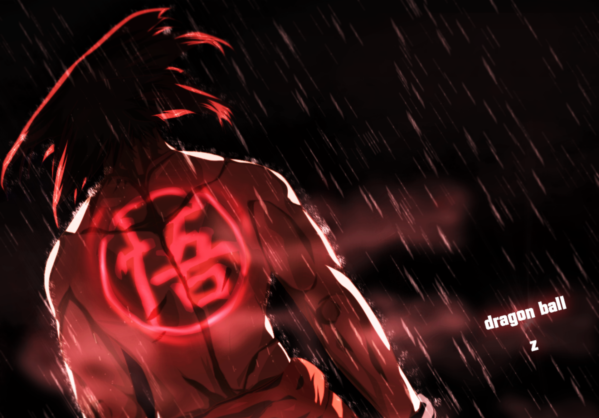 HD desktop wallpaper featuring Goku from Dragon Ball Z standing in the rain with glowing red kanji on his back, set against a dark, intense background.