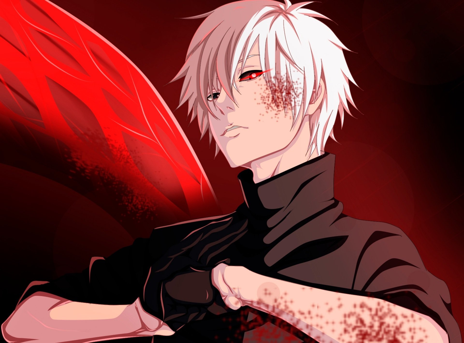 HD PC desktop wallpaper featuring Ken Kaneki from the anime Tokyo Ghoul:re, showcasing his white hair, red eyes, and dark outfit against a red background.