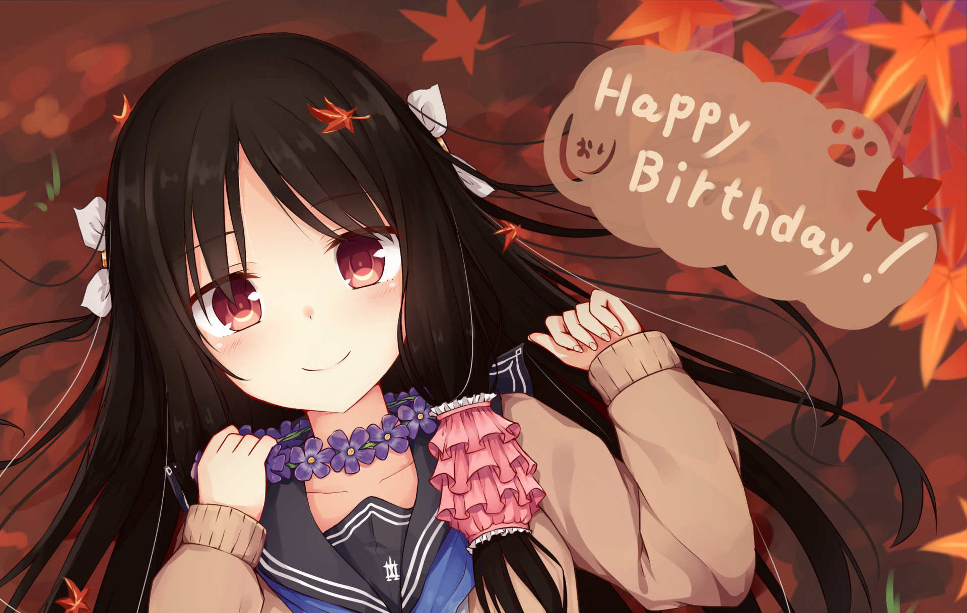 Anime-style original HD desktop wallpaper featuring a girl with long dark hair, autumn leaves, and a Happy Birthday message in warm, vibrant colors.