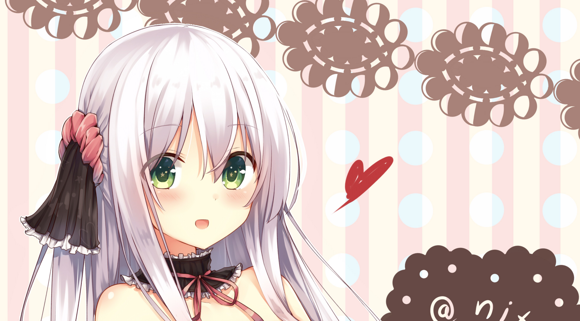 HD anime desktop wallpaper featuring an original character with long white hair, green eyes, and a pink hair tie, set against a pastel striped and floral background with a red heart.