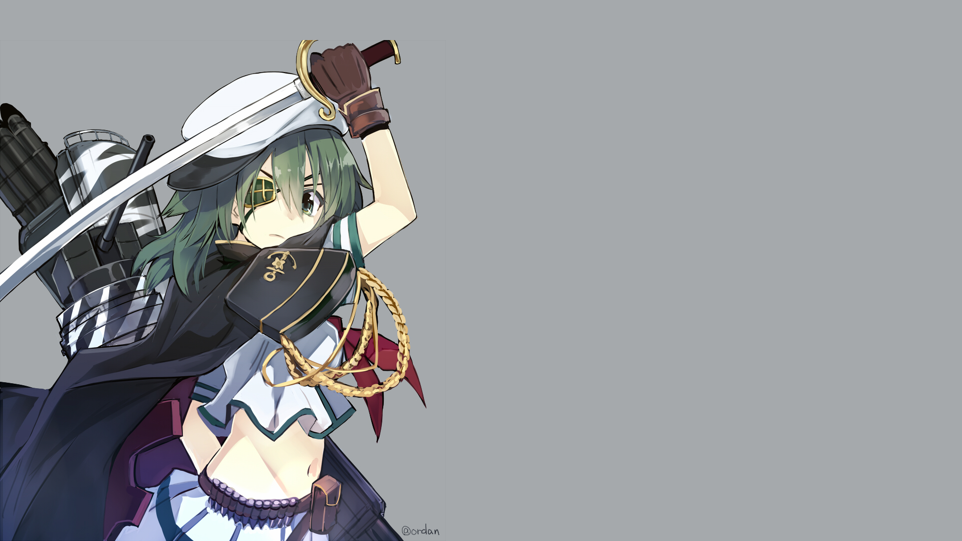 Kiso (Kancolle) — Kantai Collection anime HD PC desktop wallpaper: green-haired Kiso brandishing a sword, wearing ship rigging and a cropped naval outfit on a gray background.
