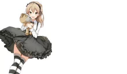 Alice Shimada from Girls und Panzer anime depicted in a dynamic pose holding a teddy bear, designed as a HD PC desktop wallpaper with a clean white background.