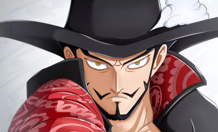 Close-up of Dracule Mihawk from the anime One Piece, intense gaze beneath a wide black hat and red cloak — HD PC desktop wallpaper background.