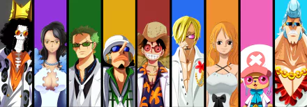 HD One Piece desktop wallpaper featuring vibrant portraits of Usopp, Roronoa Zoro, Nico Robin, Brook, Franky, Tony Tony Chopper, Nami, Sanji, and Monkey D. Luffy in anime style.