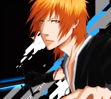 HD PC desktop wallpaper featuring Ichigo Kurosaki from the anime Bleach, showcasing his intense gaze and signature orange hair against a dynamic black and blue background.