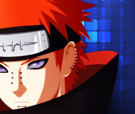 HD anime wallpaper featuring a close-up of Pain (Naruto) with iconic purple Rinnegan eyes and red hair, highlighting the character's intense gaze and headband detail.