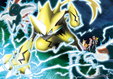 HD desktop wallpaper featuring Zeraora, Largo, Sneasel, Houndoom, Furret, Ditto, Teddiursa, Pikachu, and Ash Ketchum from Pokémon The Movie: The Power of Us in dynamic anime style.