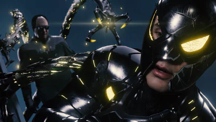 4K Ultra HD PC desktop wallpaper: Spider-Man (PS4) in a glossy black suit with glowing yellow eyes, lunging at the viewer while Doctor Octopus' metal arms converge behind.