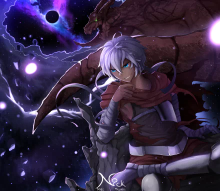 HD PC desktop wallpaper showing an anime original with white hair and blue eyes standing beside a coiled dragon beneath a glowing, starry cosmic background.
