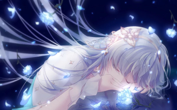 HD PC desktop wallpaper featuring Anastasia from Fate/Grand Order in an anime style, surrounded by glowing butterflies against a starry night background.
