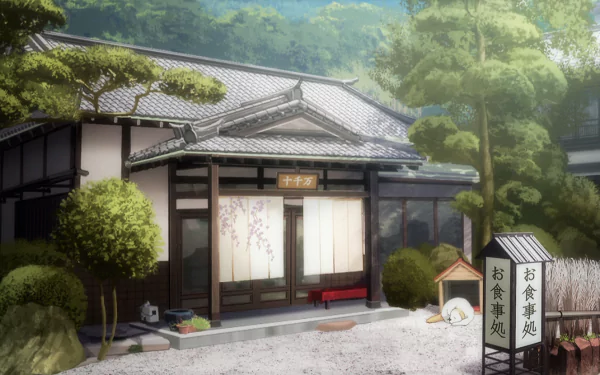 HD anime desktop wallpaper featuring a serene traditional Japanese house surrounded by lush greenery, styled in the aesthetic of Love Live! Sunshine!!.