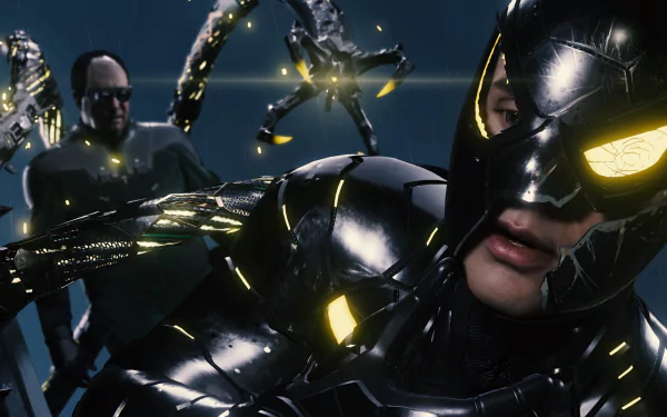4K Ultra HD PC desktop wallpaper: Spider-Man (PS4) in a glossy black suit with glowing yellow eyes, lunging at the viewer while Doctor Octopus' metal arms converge behind.