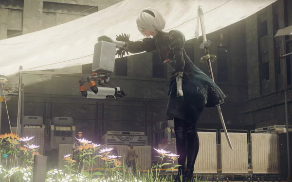 YoRHa No.2 Type B from NieR: Automata interacting with a pod in a serene, flower-filled setting. This HD desktop wallpaper captures a moment from the video game.