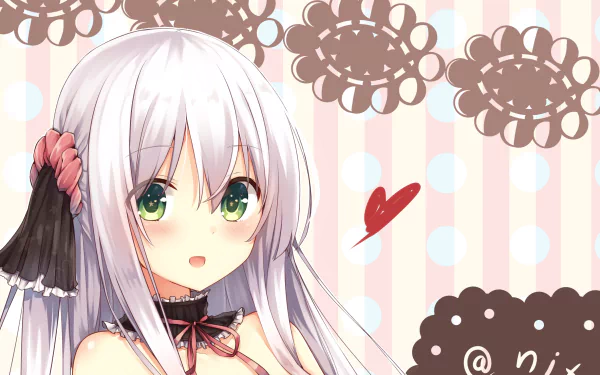 HD anime desktop wallpaper featuring an original character with long white hair, green eyes, and a pink hair tie, set against a pastel striped and floral background with a red heart.