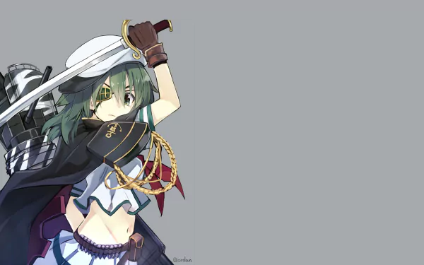 Kiso (Kancolle) — Kantai Collection anime HD PC desktop wallpaper: green-haired Kiso brandishing a sword, wearing ship rigging and a cropped naval outfit on a gray background.