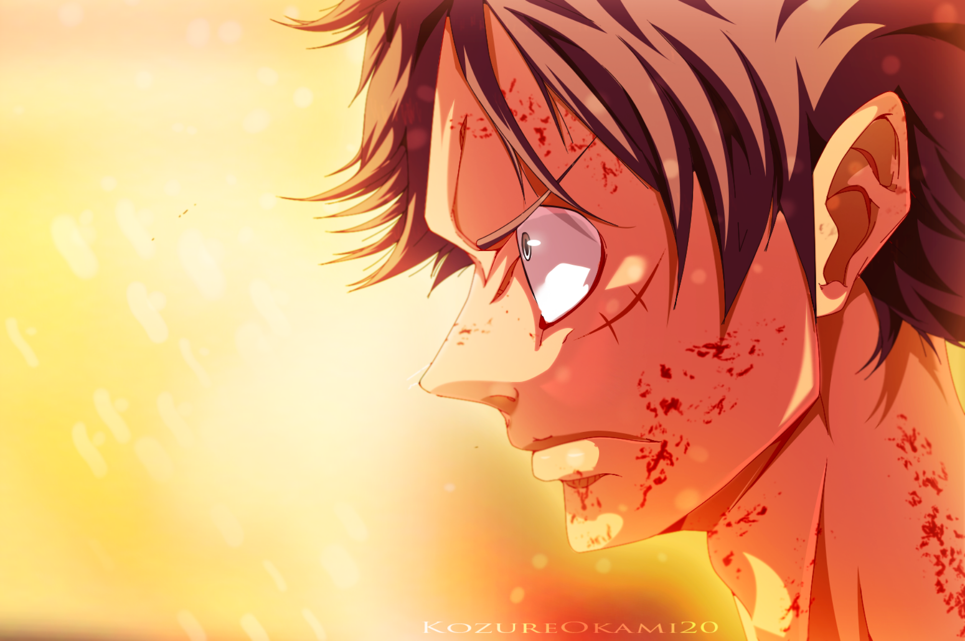 HD PC desktop wallpaper — close-up profile of Monkey D. Luffy from One Piece, bloodied and resolute against a warm golden anime background.