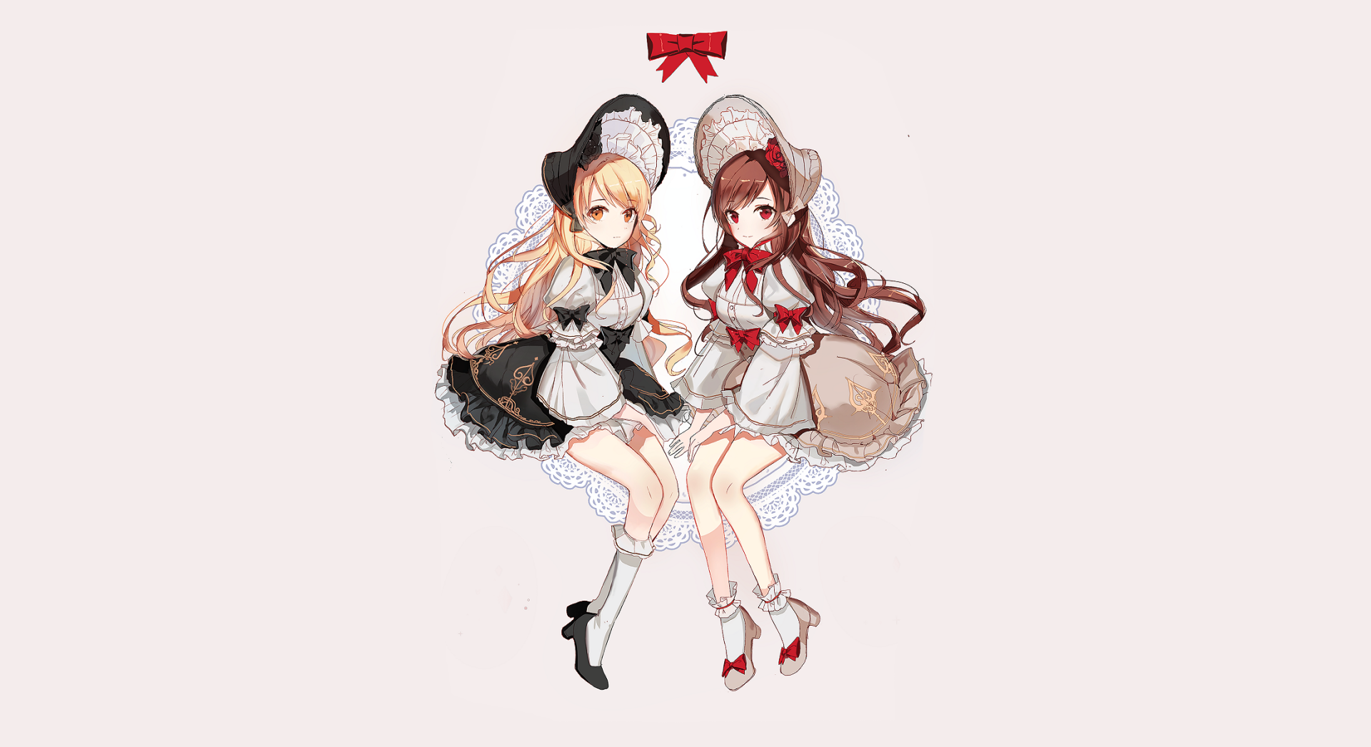 Anime original HD PC desktop wallpaper/background: two maid-style girls — black-dressed blonde and white-dressed brunette — sitting on lace doily with a small red bow above.