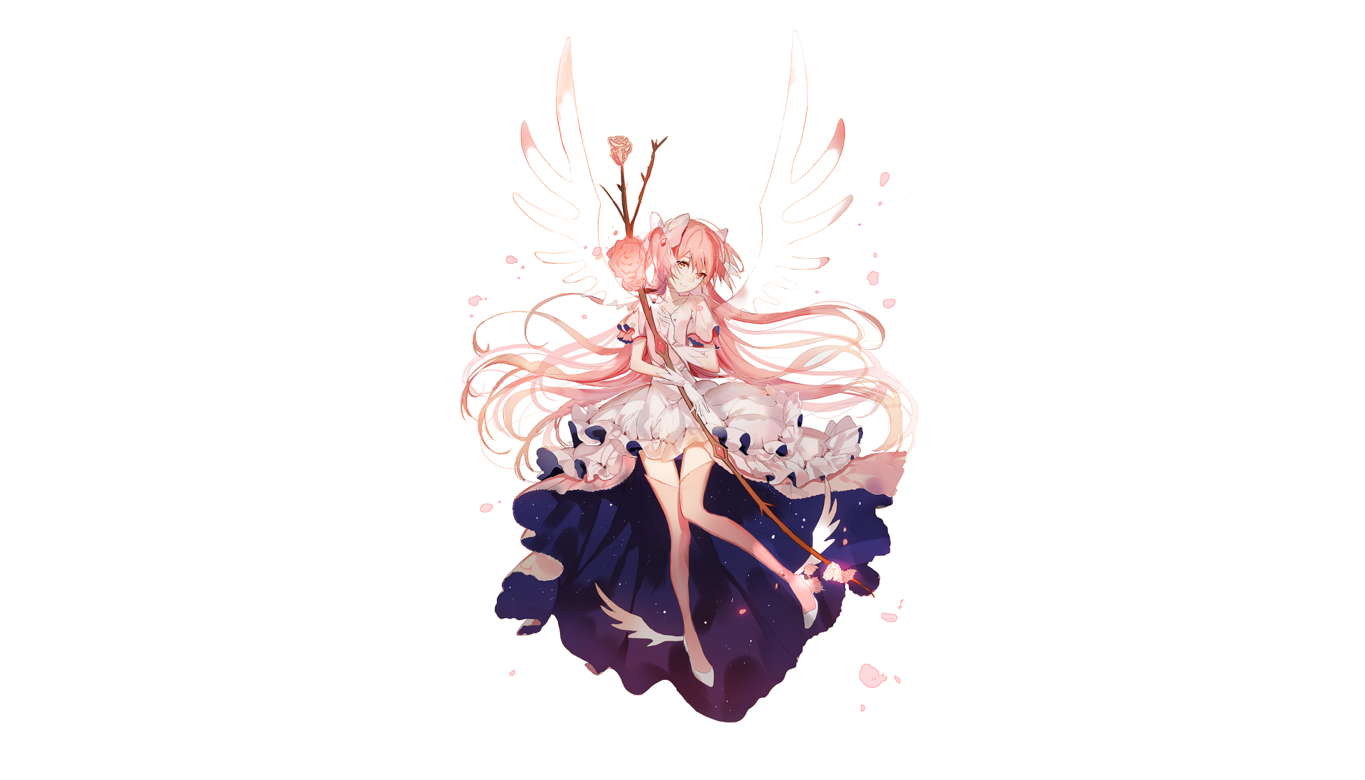 HD anime desktop wallpaper featuring Madoka Kaname from Puella Magi Madoka Magica, smiling with orange hair and holding a staff against a light background.