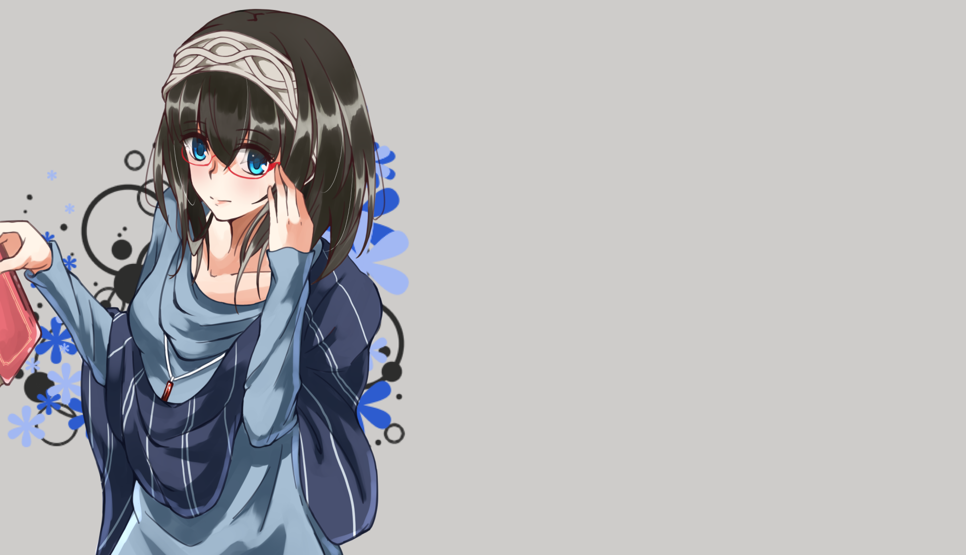 2K Quad HD wallpaper of Fumika Sagisawa from The iDOLM@STER Cinderella Girls — smiling anime girl with short black hair, blue eyes and glasses, wearing a scarf and jacket on a gray backdrop.