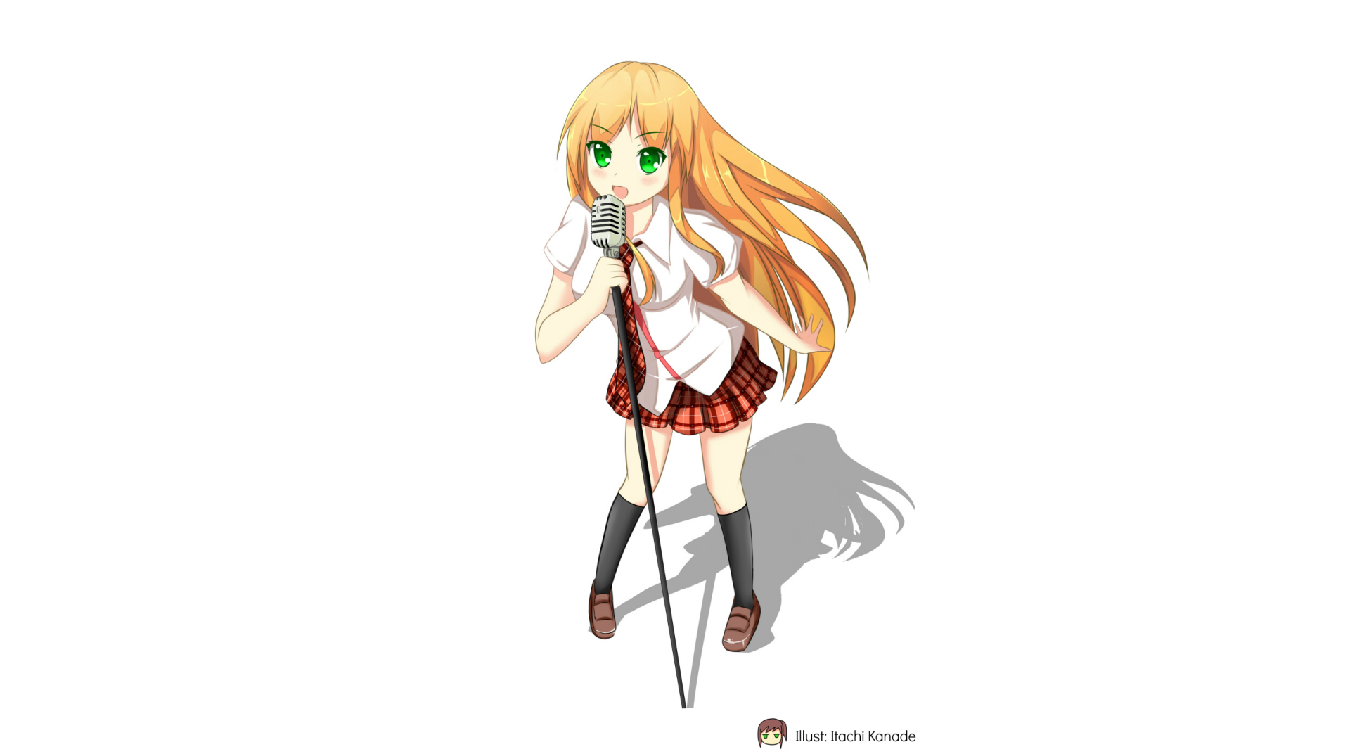 Anime original: blonde girl with long hair and green eyes in a school uniform and red plaid skirt, singing into a microphone — HD PC desktop wallpaper.