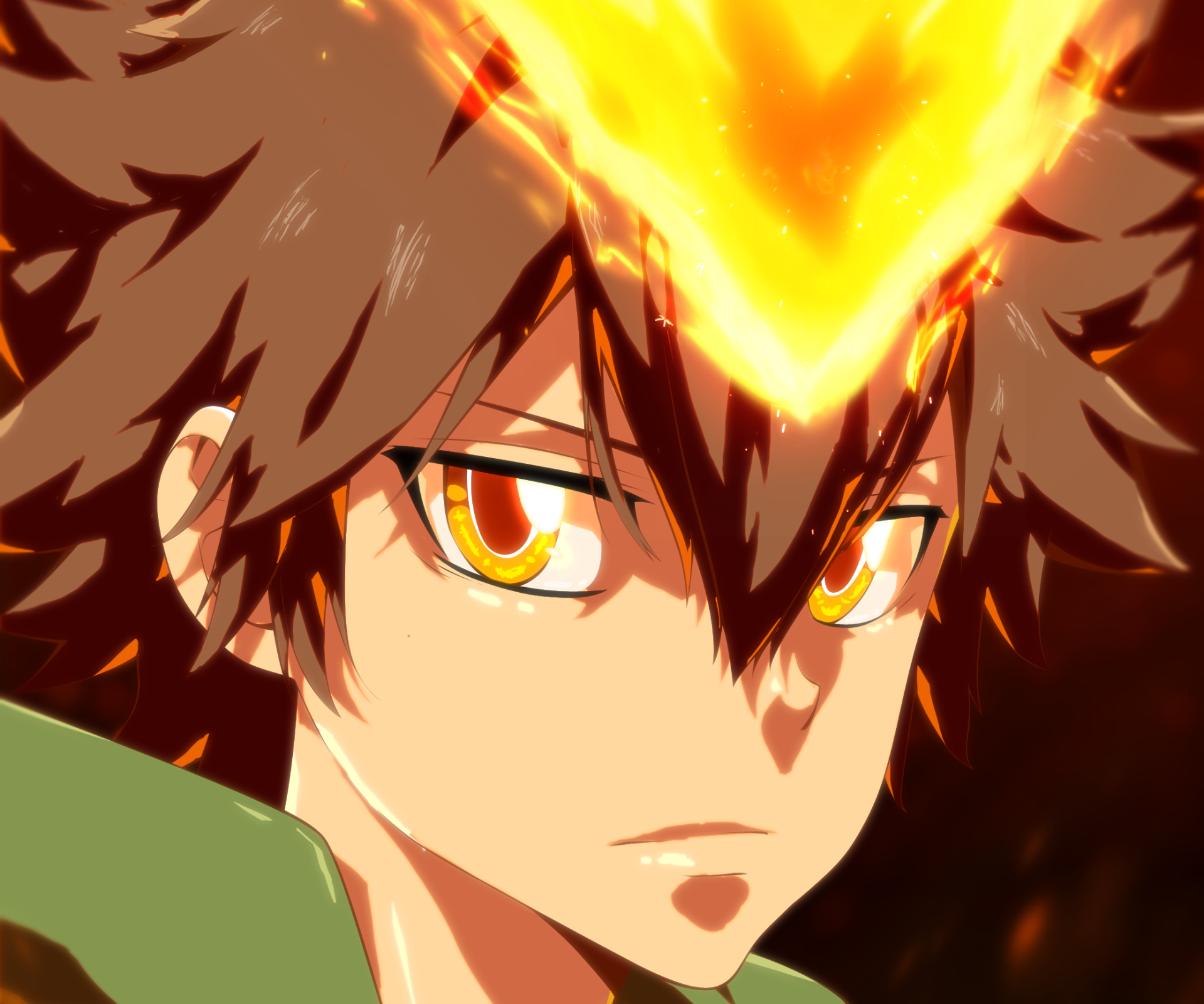 Close-up HD anime wallpaper of Tsunayoshi Sawada from Katekyō Hitman Reborn! featuring intense glowing eyes and flames on his forehead.