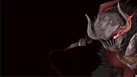 A striking HD anime wallpaper featuring Goblin Slayer in full armor with a blood-stained knife against a dark background. The intense red eye adds a dramatic flair to the scene.