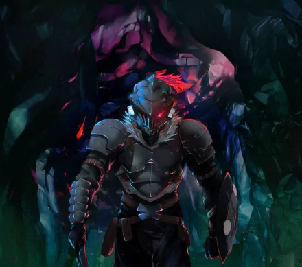 HD anime desktop wallpaper featuring Goblin Slayer in full armor, shield and helmet, with a dark, mystical background.