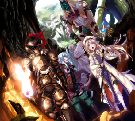 HD anime desktop wallpaper featuring characters from Goblin Slayer, including Priestess in a white robe holding a staff, standing alongside armored companions in a mystical landscape.