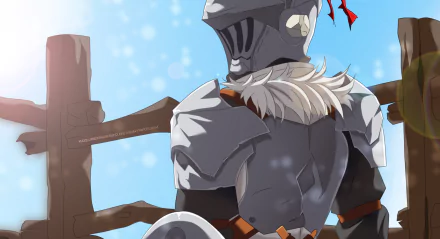 Anime-style HD PC desktop wallpaper featuring Goblin Slayer in detailed armor standing against a bright sky with wooden fence elements in the background.