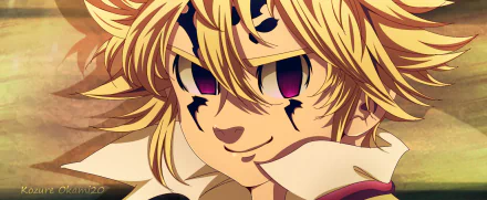 Blonde Meliodas (The Seven Deadly Sins) close-up with demon markings and a smirk — anime HD PC desktop wallpaper/background