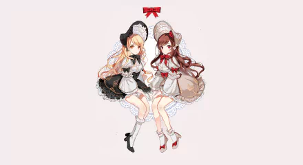 Anime original HD PC desktop wallpaper/background: two maid-style girls — black-dressed blonde and white-dressed brunette — sitting on lace doily with a small red bow above.
