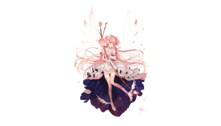 HD anime desktop wallpaper featuring Madoka Kaname from Puella Magi Madoka Magica, smiling with orange hair and holding a staff against a light background.