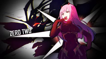 HD PC desktop wallpaper featuring Zero Two from the anime Darling in the FranXX, showcasing her confident pose against a dynamic dark background.